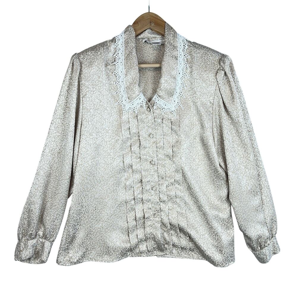 Michelle Stuart 80s Romantic Lace Collar Blouse 14 Champagne Gold Pleated Satin